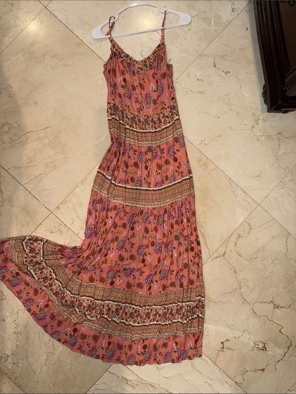 Ces Femme Coral Floral Boho Maxi Dress with Spaghetti Straps